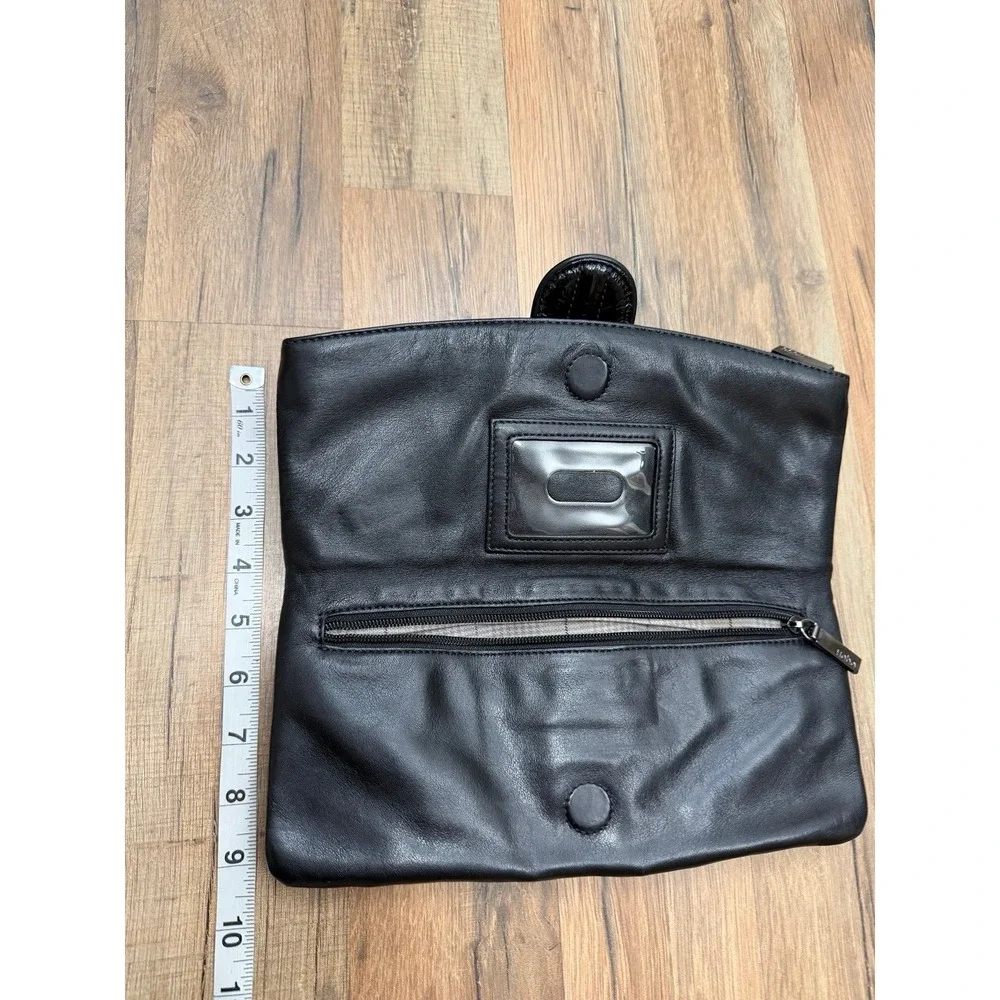Hobo International Black Leather Foldover Clutch Bag Patent Ring Hardware